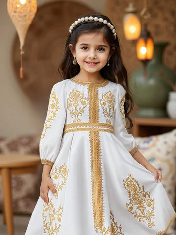 Young Girl Ditsy Young Girl Ditsy Floral Puff Sleeve Fitted Dress, Arabic Robe, Suitable For Girls Daily Wear, Festivals