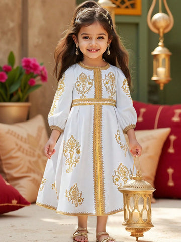 Young Girl Ditsy Young Girl Ditsy Floral Puff Sleeve Fitted Dress, Arabic Robe, Suitable For Girls Daily Wear, Festivals