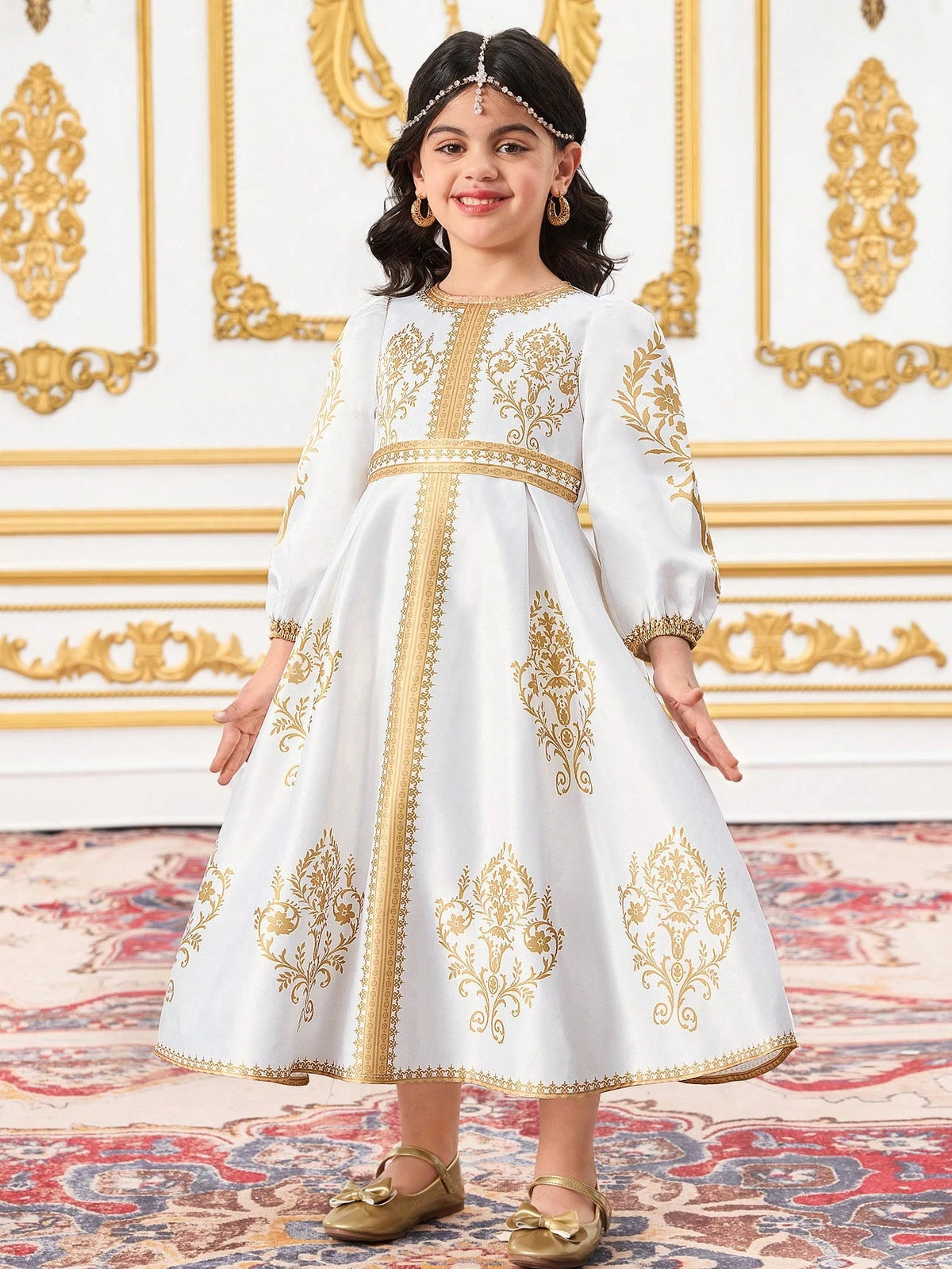 Young Girl Ditsy Young Girl Ditsy Floral Puff Sleeve Fitted Dress, Arabic Robe, Suitable For Girls Daily Wear, Festivals
