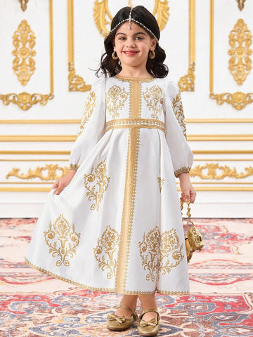 Young Girl Ditsy Young Girl Ditsy Floral Puff Sleeve Fitted Dress, Arabic Robe, Suitable For Girls Daily Wear, Festivals