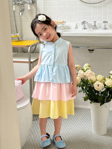 Young Girl Dopamine Color Block Cake Dress (Note: Not Sure About The Context Or Exact Meaning Of Dopamine Color)