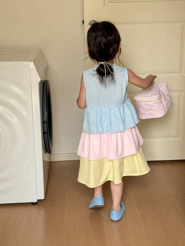 Young Girl Dopamine Color Block Cake Dress (Note: Not Sure About The Context Or Exact Meaning Of Dopamine Color)