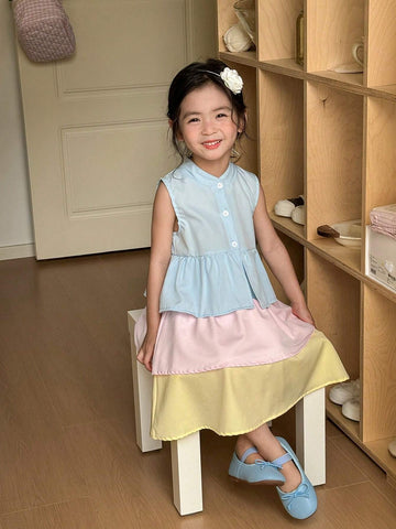 Young Girl Dopamine Color Block Cake Dress (Note: Not Sure About The Context Or Exact Meaning Of Dopamine Color)