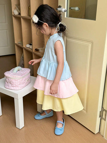 Young Girl Dopamine Color Block Cake Dress (Note: Not Sure About The Context Or Exact Meaning Of Dopamine Color)