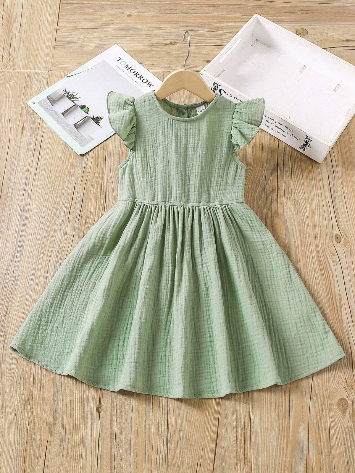 Young Girl Double-Layered Woven Mesh Soft Cap Sleeve Dress, Casual Holiday Cotton Green