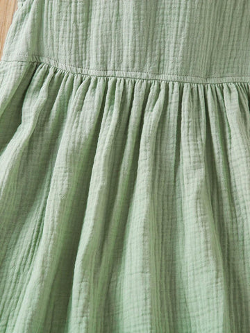 Young Girl Double-Layered Woven Mesh Soft Cap Sleeve Dress, Casual Holiday Cotton Green
