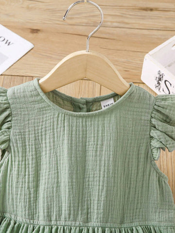 Young Girl Double-Layered Woven Mesh Soft Cap Sleeve Dress, Casual Holiday Cotton Green