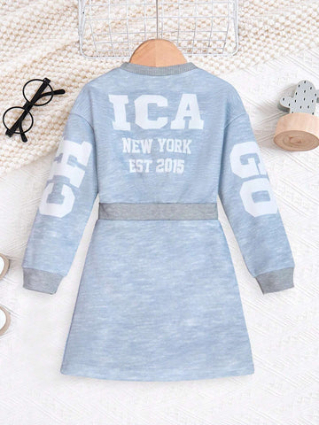 Young Girl Dress, Autumn/Winter New Casual Loose Pullover Letter Print Sweatshirt Long Sleeve Mini Dress