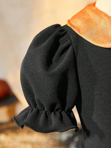 Young Girl Dress, The Dress Features A Classic Black Color Scheme, Which Is Elegant And Versatile