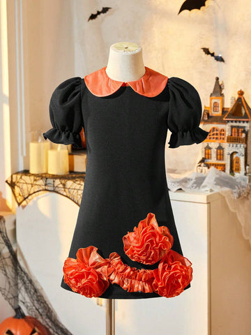 Young Girl Dress, The Dress Features A Classic Black Color Scheme, Which Is Elegant And Versatile