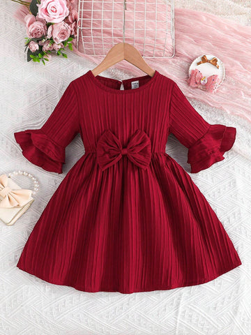 Young Girl' Dress With Bow Decor, Bell Sleeves, Round Neck, For Spring & Autumn