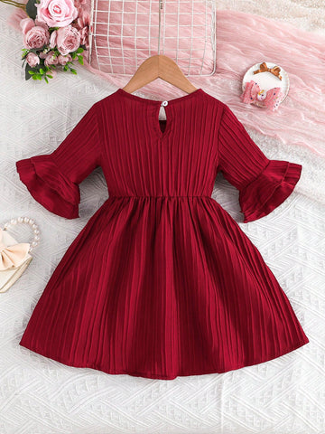 Young Girl' Dress With Bow Decor, Bell Sleeves, Round Neck, For Spring & Autumn