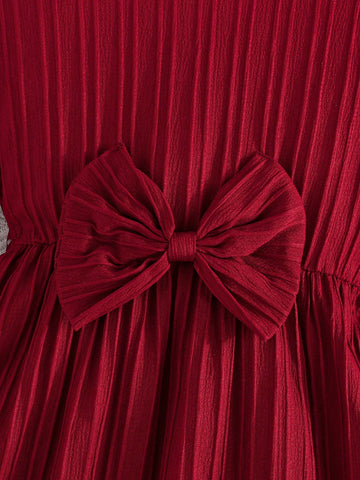 Young Girl' Dress With Bow Decor, Bell Sleeves, Round Neck, For Spring & Autumn