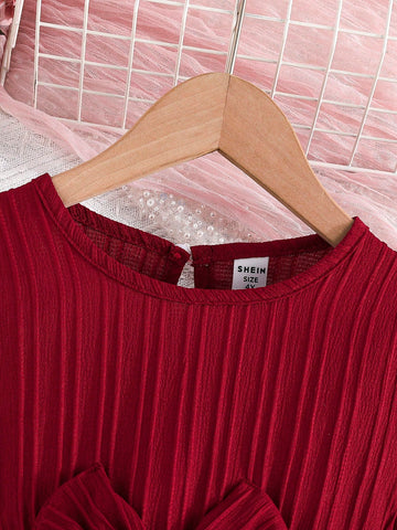 Young Girl' Dress With Bow Decor, Bell Sleeves, Round Neck, For Spring & Autumn