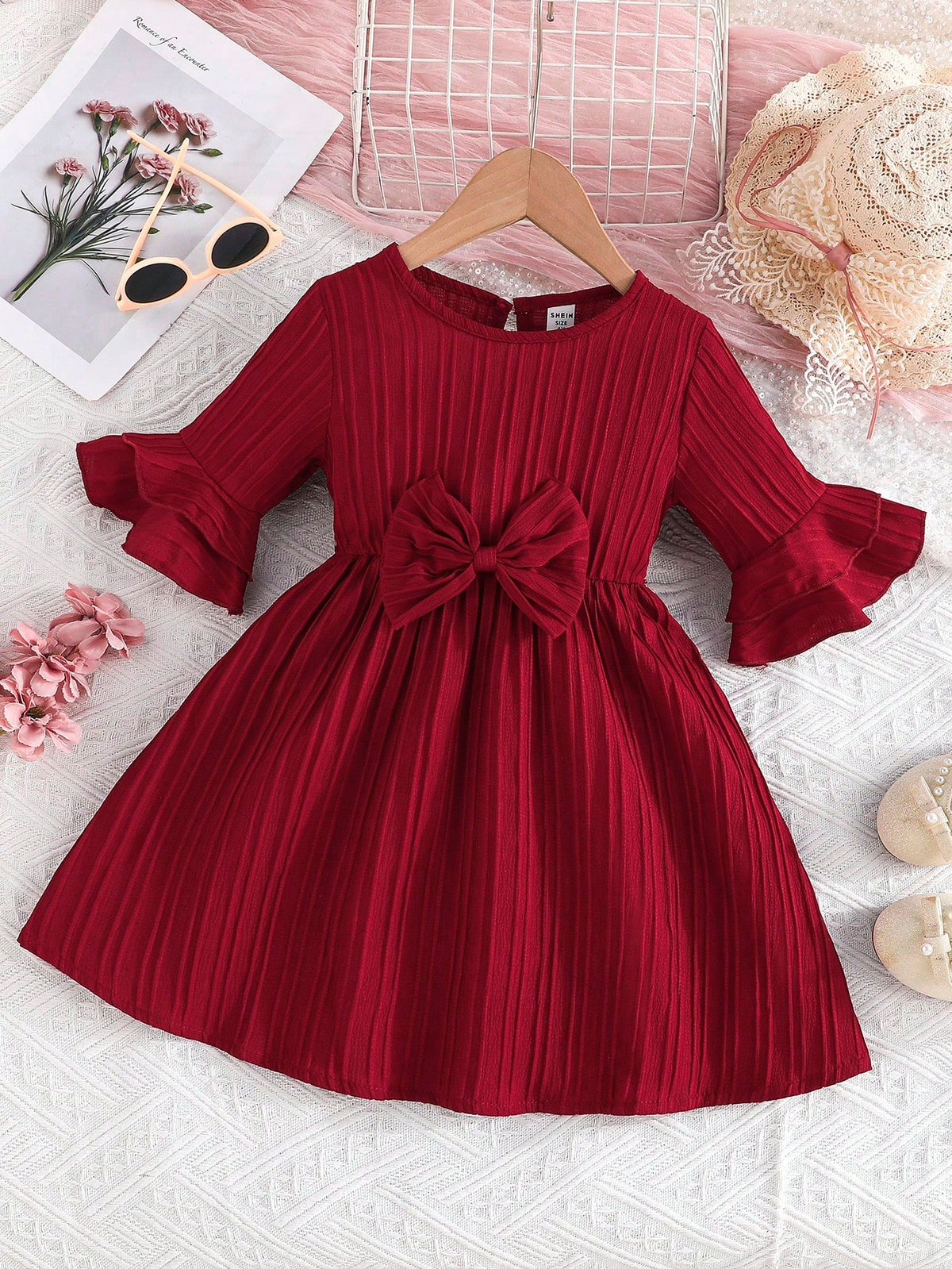 Young Girl' Dress With Bow Decor, Bell Sleeves, Round Neck, For Spring & Autumn