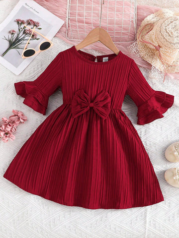 Young Girl' Dress With Bow Decor, Bell Sleeves, Round Neck, For Spring & Autumn