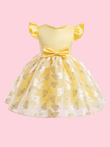 Young Girl Dress With Butterfly Embroidery And Flare Sleeves, Party Dress'