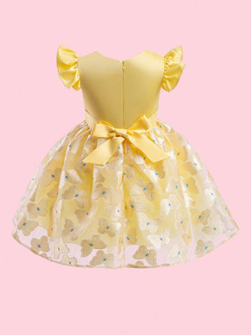 Young Girl Dress With Butterfly Embroidery And Flare Sleeves, Party Dress'