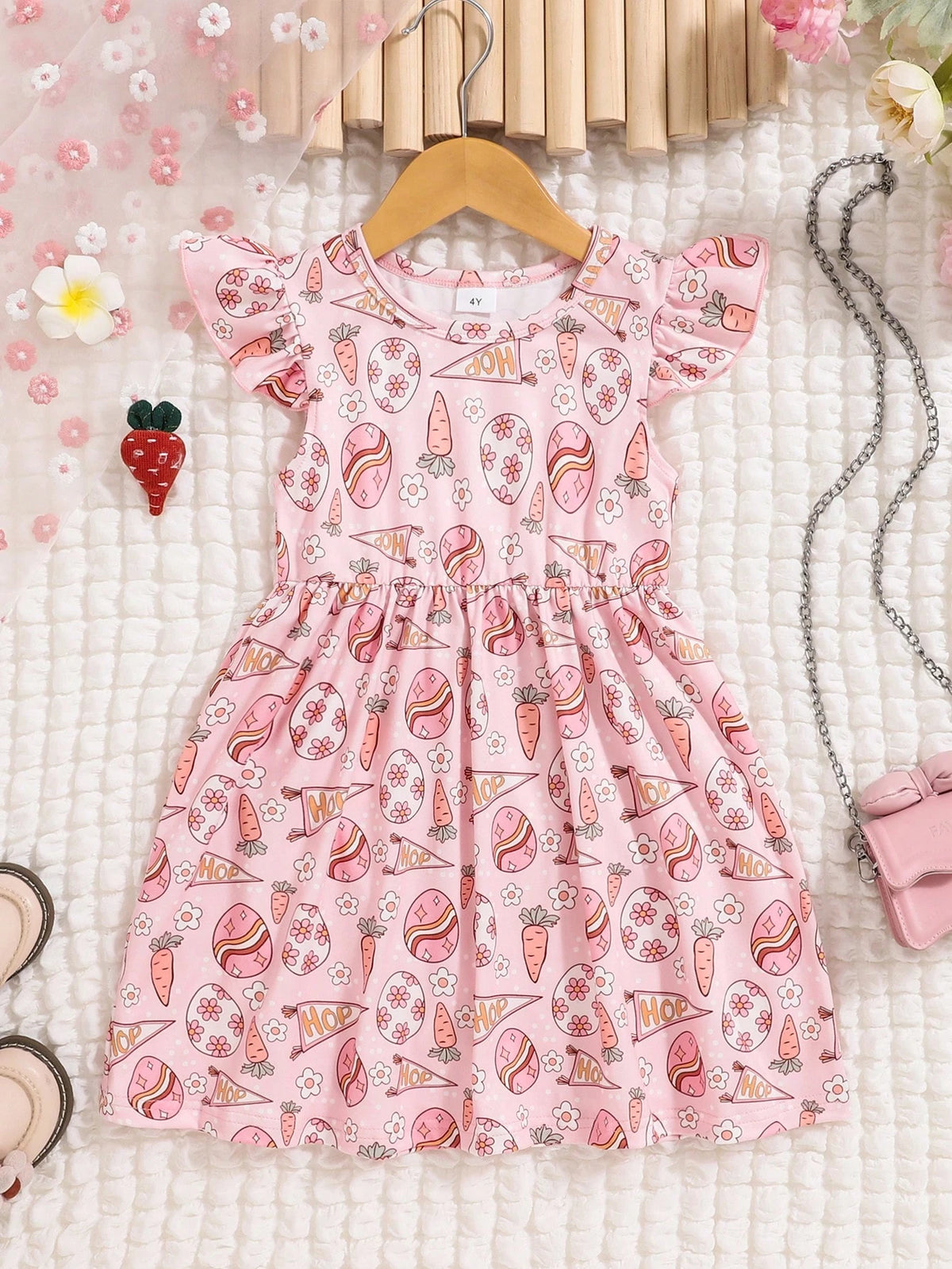 Young Girl Easter Theme Eggs, Carrots & Floral Allover Print Sleeveless Dress, Spring/Summer