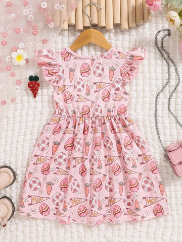 Young Girl Easter Theme Eggs, Carrots & Floral Allover Print Sleeveless Dress, Spring/Summer