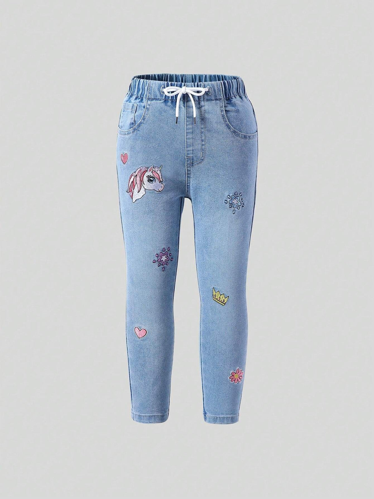 Young Girl Elastic Waist Adjustable Unicorn & Star Embroidered Stretch Denim Jeans, Light Blue