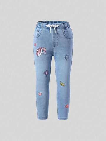 Young Girl Elastic Waist Adjustable Unicorn & Star Embroidered Stretch Denim Jeans, Light Blue