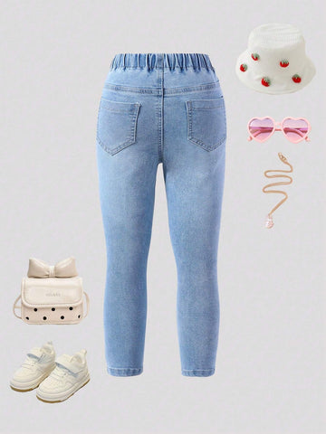 Young Girl Elastic Waist Adjustable Unicorn & Star Embroidered Stretch Denim Jeans, Light Blue