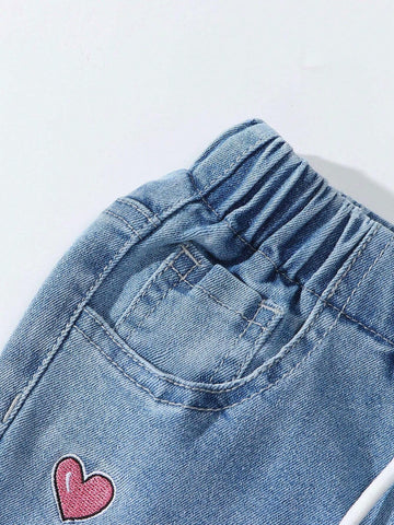 Young Girl Elastic Waist Adjustable Unicorn & Star Embroidered Stretch Denim Jeans, Light Blue