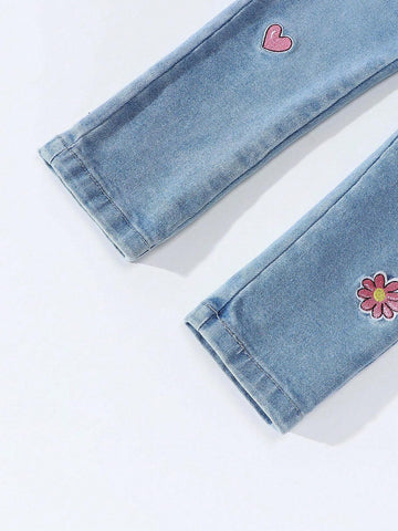 Young Girl Elastic Waist Adjustable Unicorn & Star Embroidered Stretch Denim Jeans, Light Blue