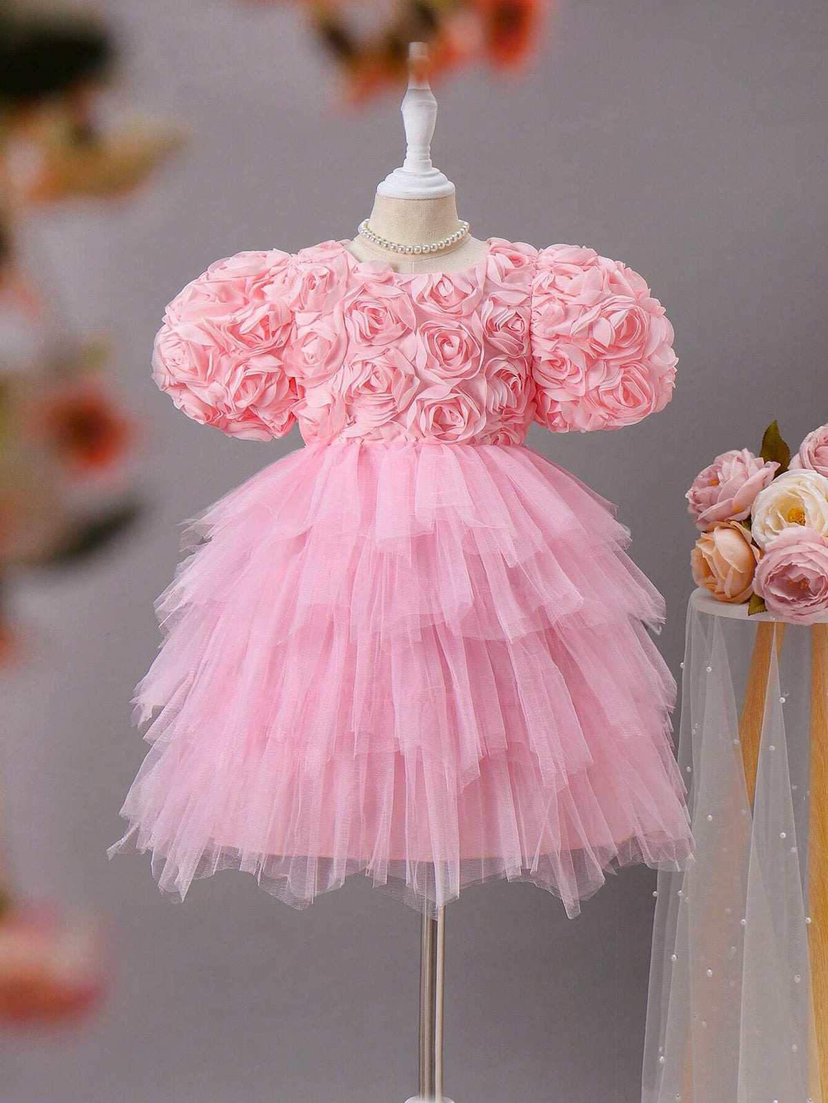 Young Girl Elegant 3D Flower Patched Contrast Mesh Dress, Summer