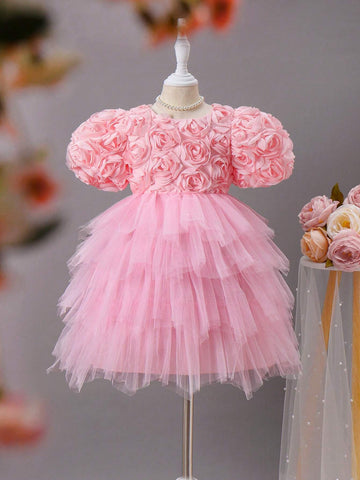 Young Girl Elegant 3D Flower Patched Contrast Mesh Dress, Summer