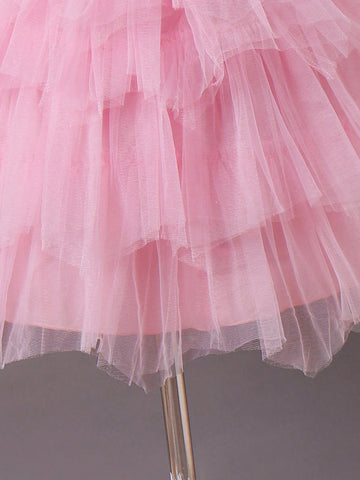 Young Girl Elegant 3D Flower Patched Contrast Mesh Dress, Summer