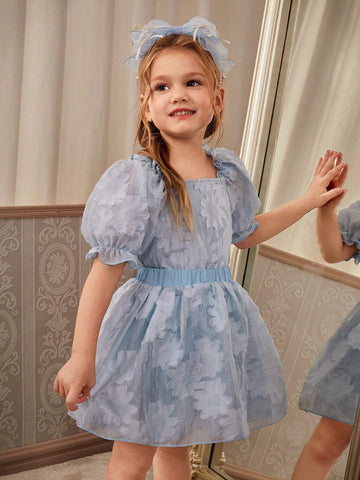 Young Girl Elegant And Blue Cut-Out Breathable Fabric Puff Sleeve Shirt And Skirt Princess Dress Set, Ideal For Wedding, Party, Banquet, And Outdoor Activities, Spring/Summer