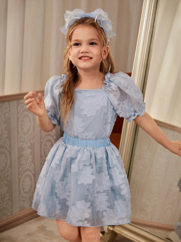 Young Girl Elegant And Blue Cut-Out Breathable Fabric Puff Sleeve Shirt And Skirt Princess Dress Set, Ideal For Wedding, Party, Banquet, And Outdoor Activities, Spring/Summer