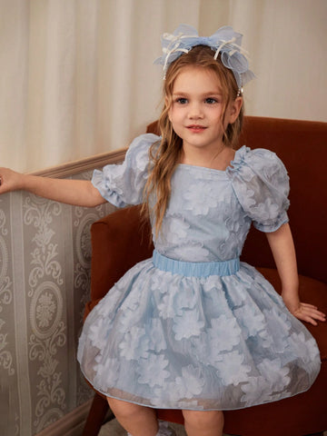 Young Girl Elegant And Blue Cut-Out Breathable Fabric Puff Sleeve Shirt And Skirt Princess Dress Set, Ideal For Wedding, Party, Banquet, And Outdoor Activities, Spring/Summer
