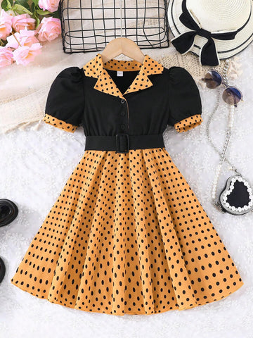 Young Girl Elegant And Ladylike Bubble Short-Sleeved Polka Dot Patchwork Dress With Turn-Down Collar And Button Closure, Matched With Belt