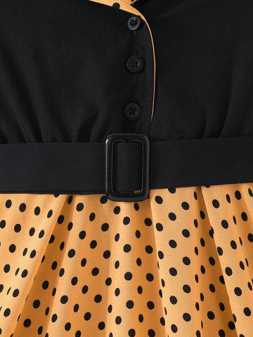 Young Girl Elegant And Ladylike Bubble Short-Sleeved Polka Dot Patchwork Dress With Turn-Down Collar And Button Closure, Matched With Belt