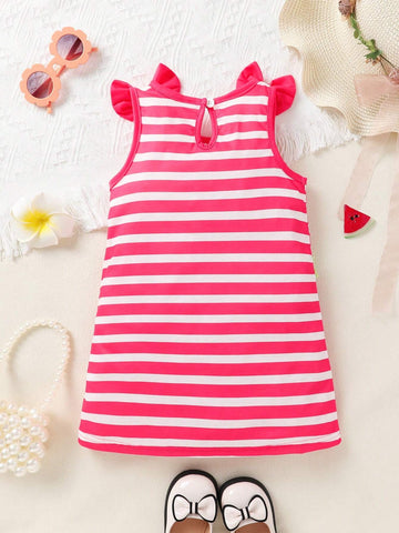 Young Girl Elegant And Sweet Striped Patchwork And Printed Dress With Delicate Bowknot, Perfect For Summer, Casual Wear, Vacation, And Parties