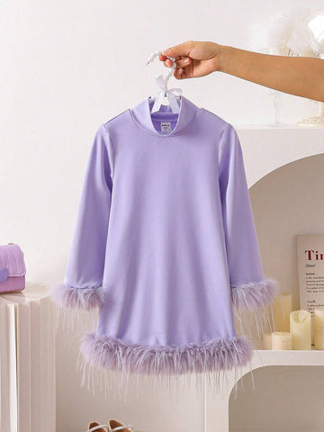 Young Girl Elegant Ball Gown Dress With Tassel & Feather Patchwork, Long Maxi Top