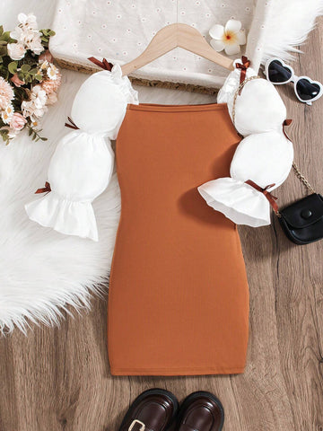 Young Girl Elegant Ballerina Style Bow Ruched Lotus Sleeve Square Collar Fitted Long Sleeve Dress