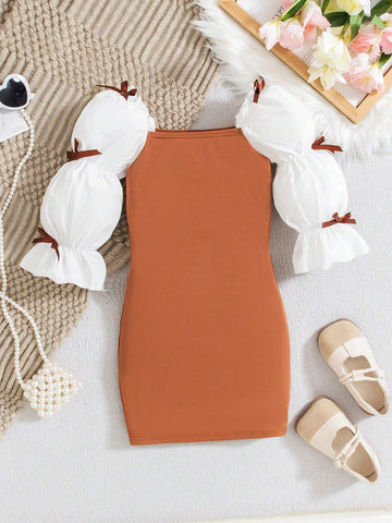 Young Girl Elegant Ballerina Style Bow Ruched Lotus Sleeve Square Collar Fitted Long Sleeve Dress