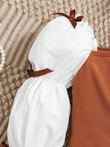 Young Girl Elegant Ballerina Style Bow Ruched Lotus Sleeve Square Collar Fitted Long Sleeve Dress