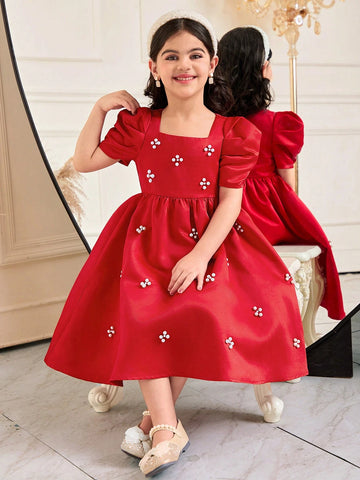 Young Girl Elegant Beaded Square Collar Gigot Sleeve Princess Frill Hem Solid Satin Dress