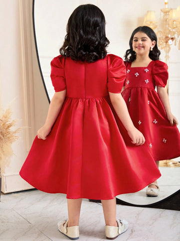 Young Girl Elegant Beaded Square Collar Gigot Sleeve Princess Frill Hem Solid Satin Dress
