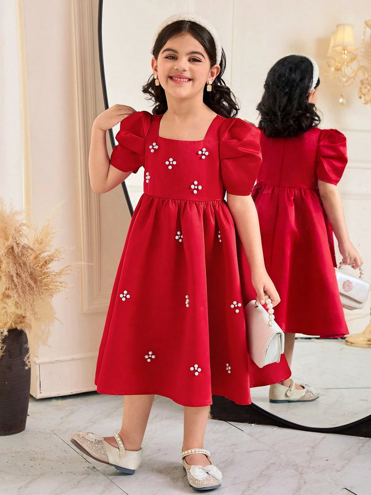 Young Girl Elegant Beaded Square Collar Gigot Sleeve Princess Frill Hem Solid Satin Dress