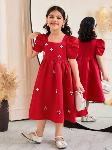 Young Girl Elegant Beaded Square Collar Gigot Sleeve Princess Frill Hem Solid Satin Dress
