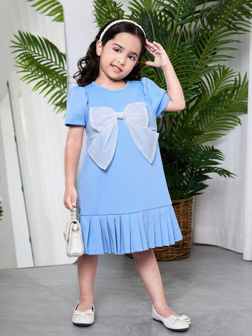 Young Girl Elegant Blue Knit Pleated Dress With Big Bow
