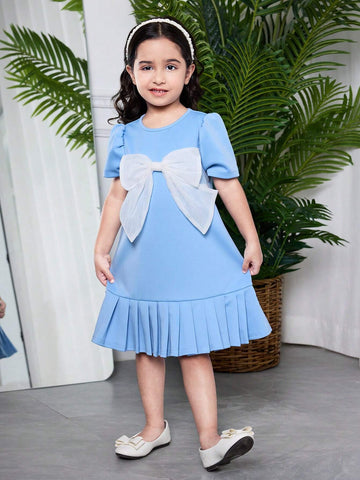 Young Girl Elegant Blue Knit Pleated Dress With Big Bow