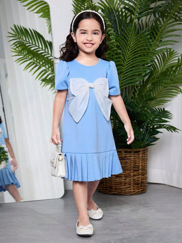 Young Girl Elegant Blue Knit Pleated Dress With Big Bow