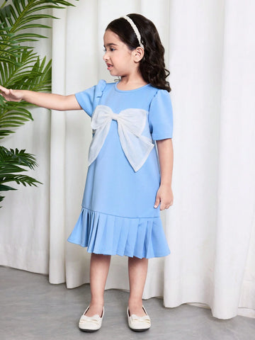 Young Girl Elegant Blue Knit Pleated Dress With Big Bow